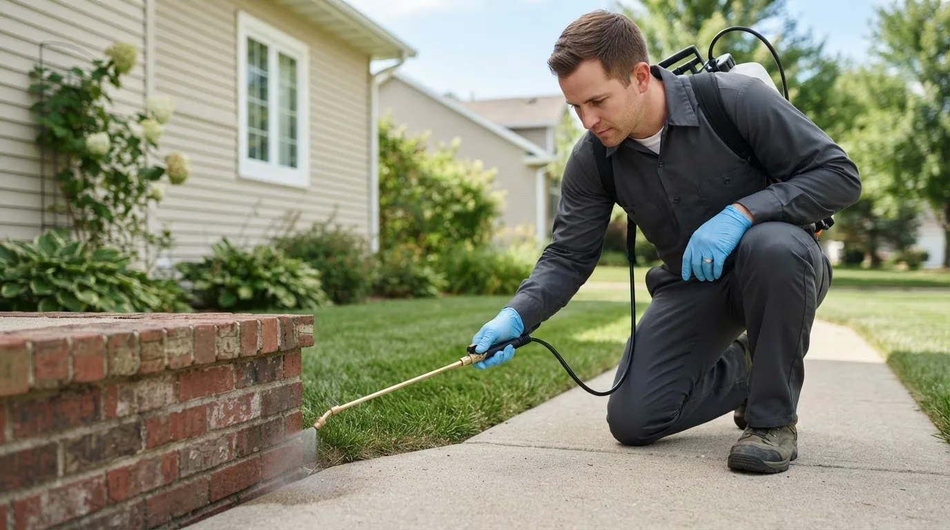 Pest control technician treating a home near Quinhagak, AK